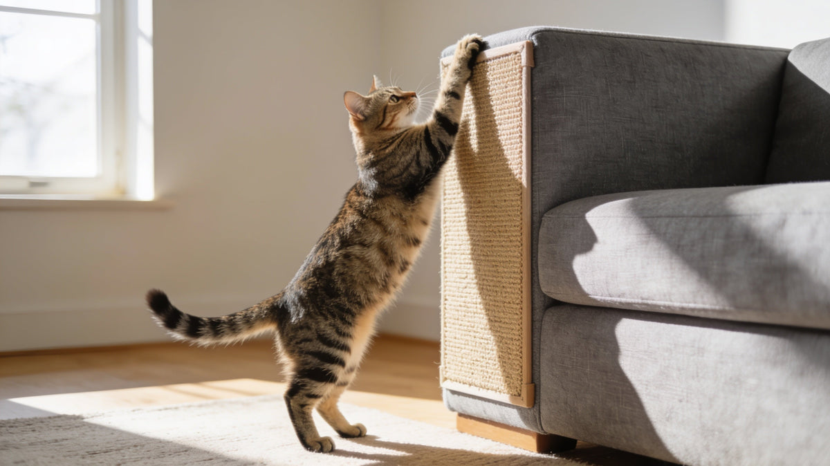 Tabby cat scratching a sisal board on a sofa corner instead of the furniture