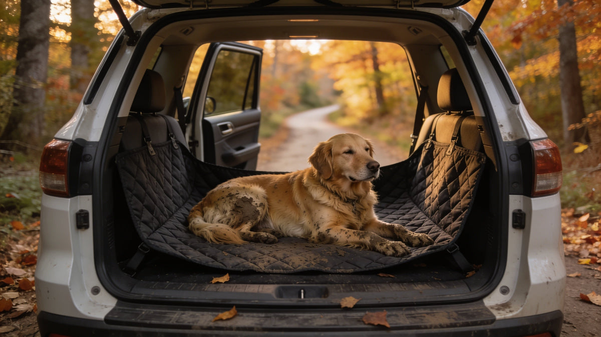 Muddy retriever resting on a quilted back seat hammock cover in an SUV after a hike