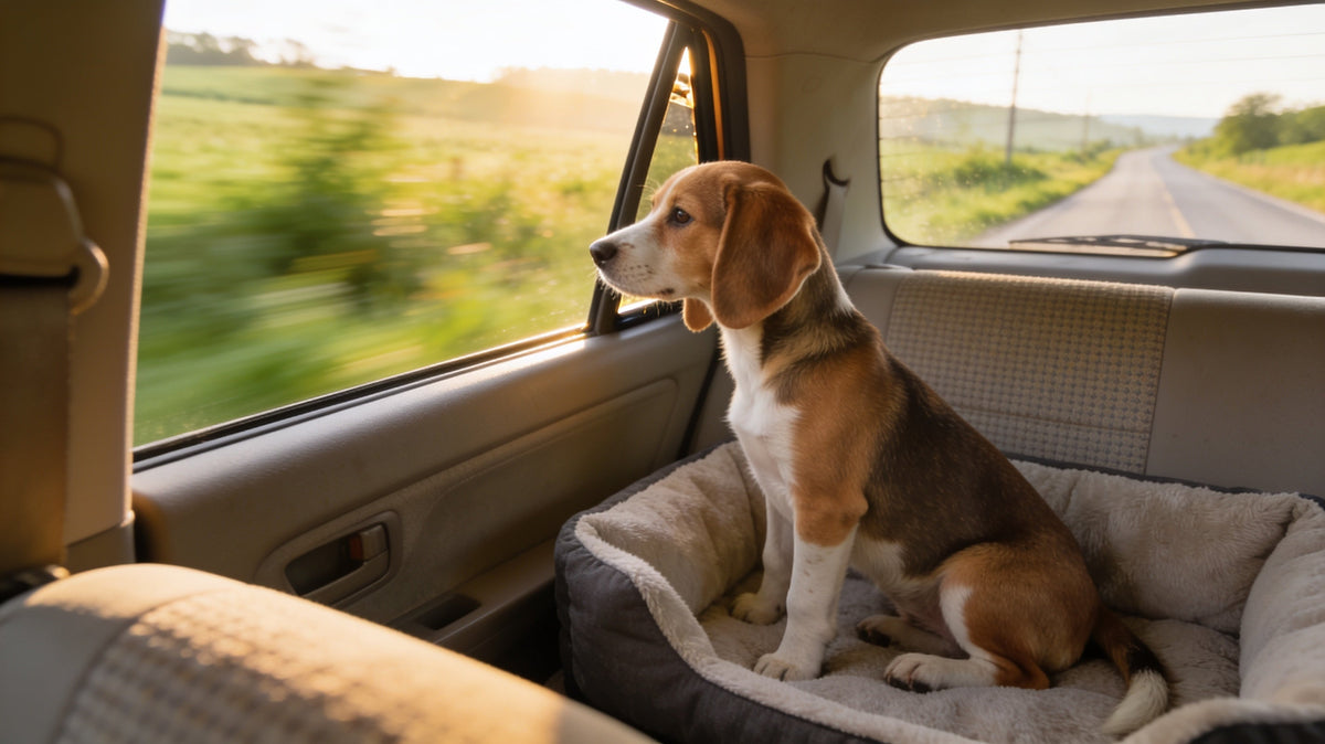 Calm puppy in a raised booster bed on a car back seat with window cracked open