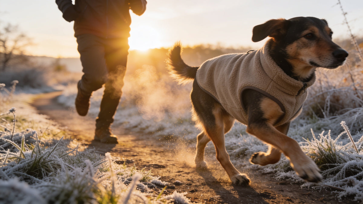 Dog in a fleece vest walking with its owner on a frosty winter morning trail