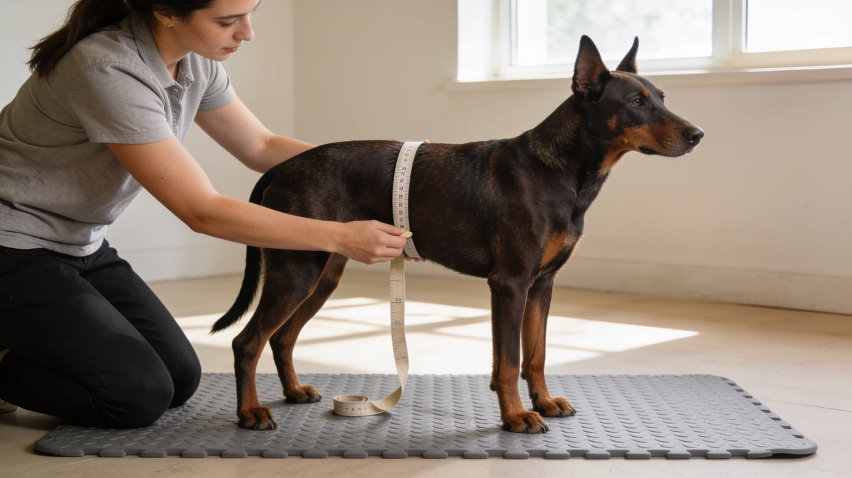 Owner measuring a deep-chested dog's chest girth with a soft tape for a harness size chart