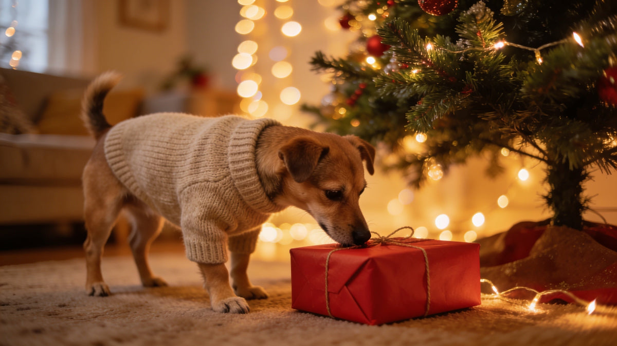 Dog in a knit sweater sniffing a wrapped gift under a Christmas tree with warm lights