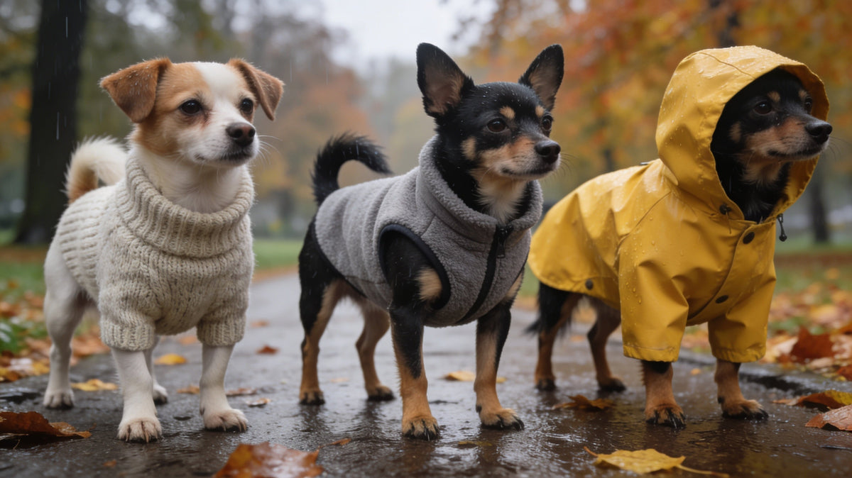 Three dogs on a park path in a knit sweater, fleece vest and raincoat