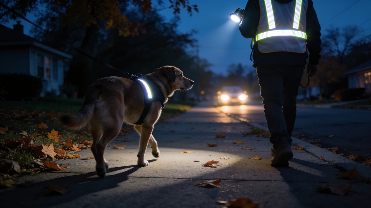 Dog in a reflective harness walking at night beside an owner wearing a headlamp