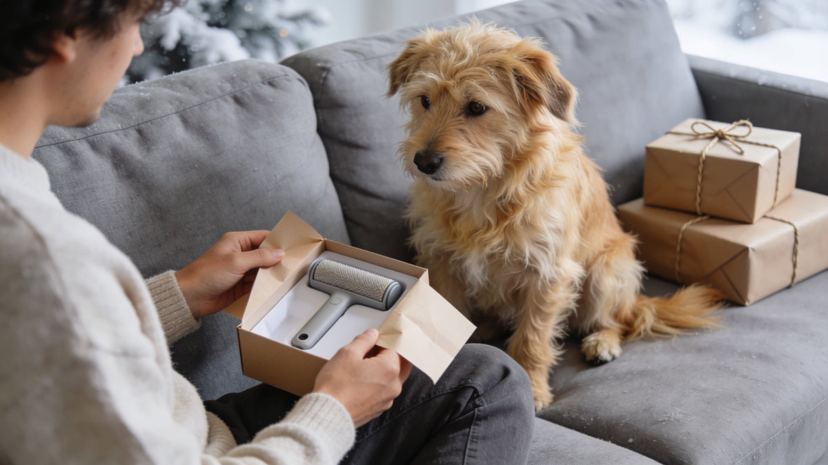 Dog owner unwrapping a reusable pet hair remover brush gift while a fluffy dog watches