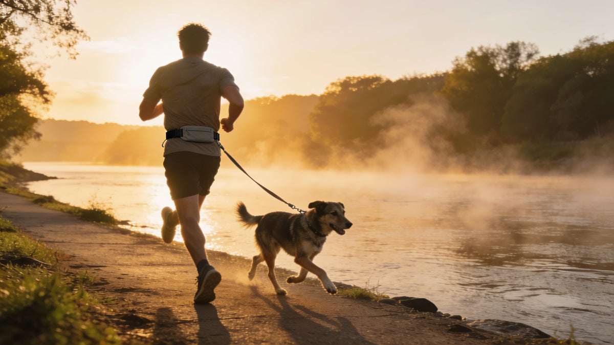 Runner jogging along a river path at sunrise with a dog on a hands-free waist leash