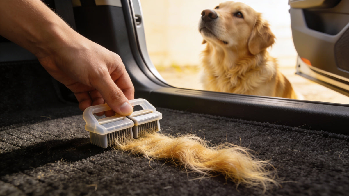 Hand using a detailer brush to pull dog hair out of car carpet