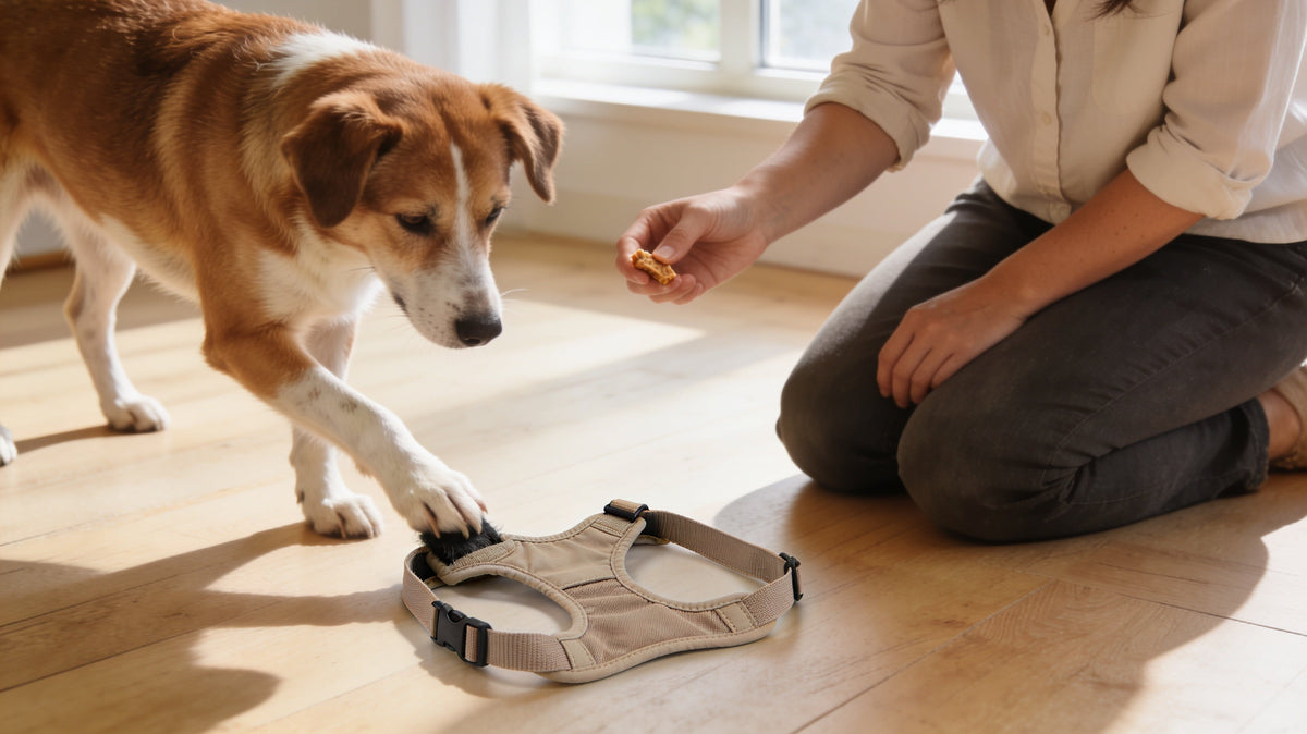 Calm dog stepping into a step-in harness while the owner offers a treat in a hallway