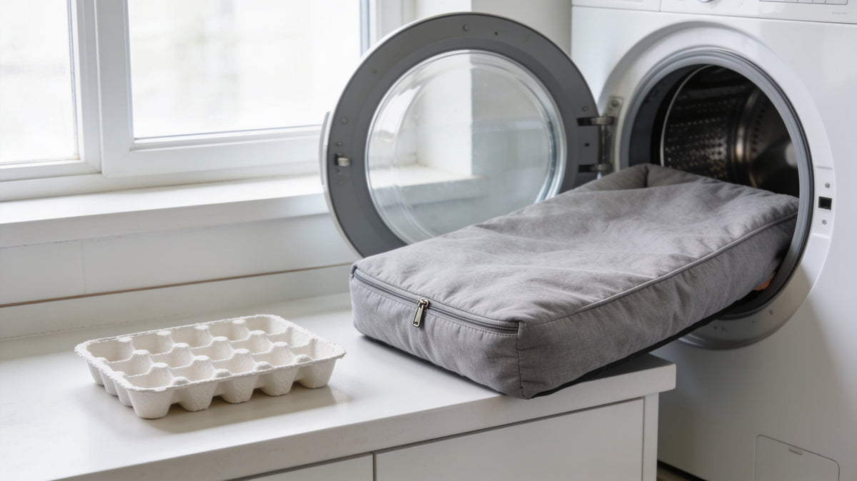 Dog bed cover going into a front-loading washer with the foam insert set aside
