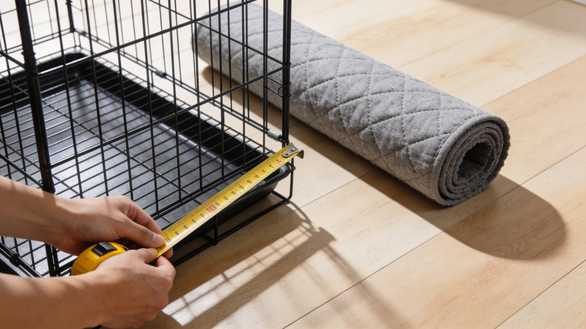 Hands measuring the inside of a wire dog crate with a crate pad beside it