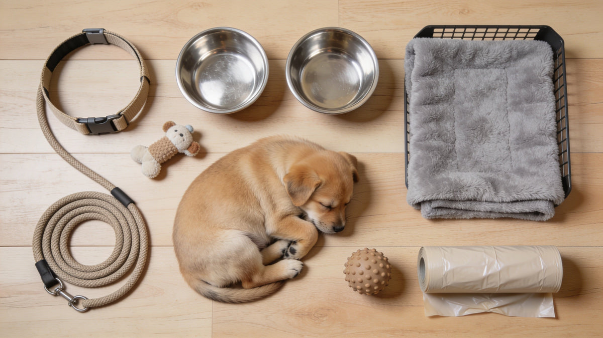 Flat lay of new puppy checklist essentials around a sleepy puppy on a wooden floor