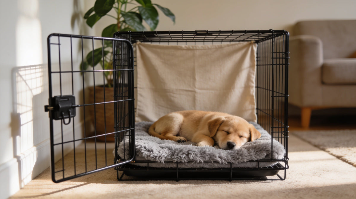 Puppy napping in a partly covered wire crate on a fleece mat during crate training