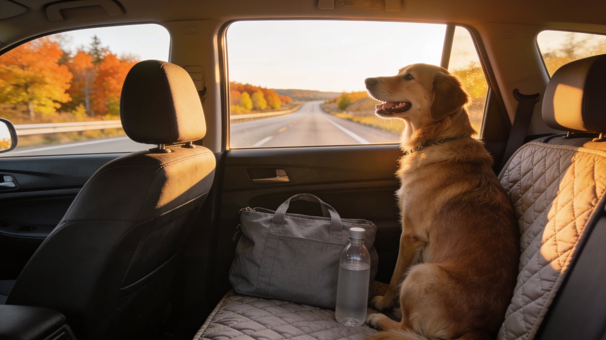 Dog looking out the window of an SUV packed for a road trip