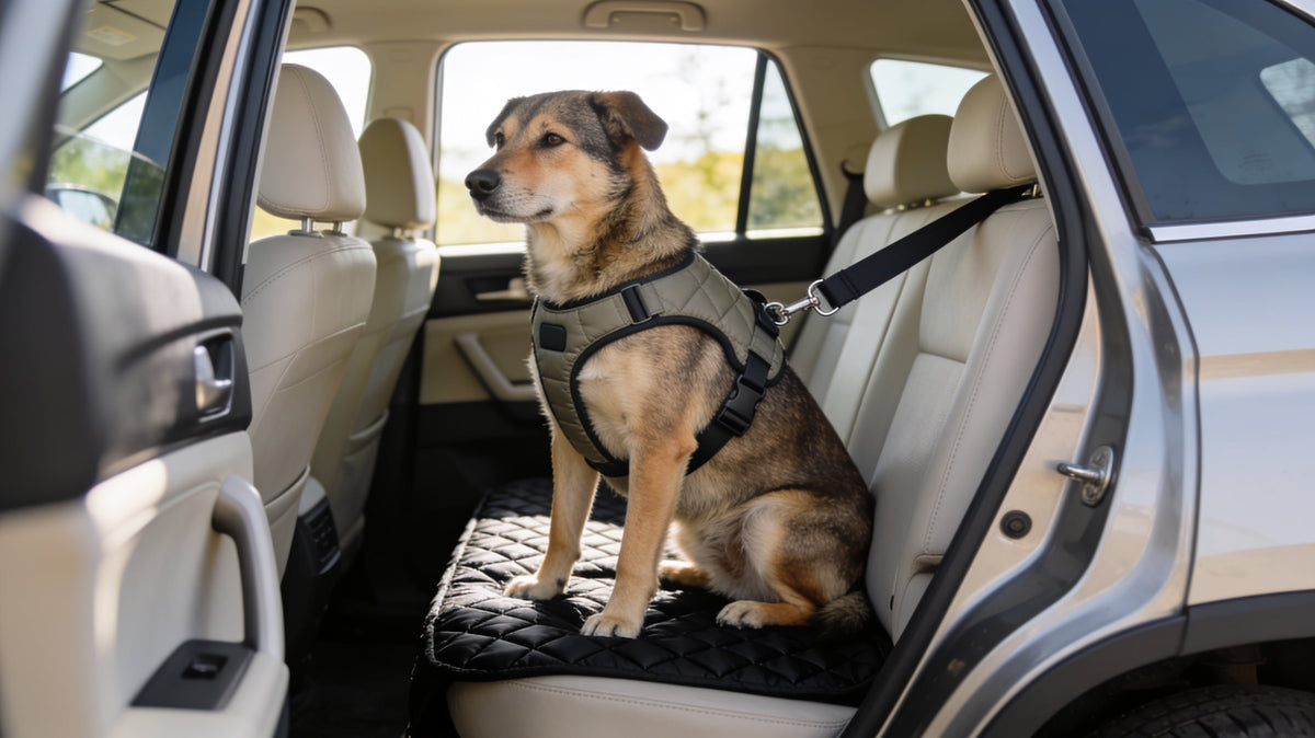 Dog secured in the car's back seat with a harness and seat belt tether