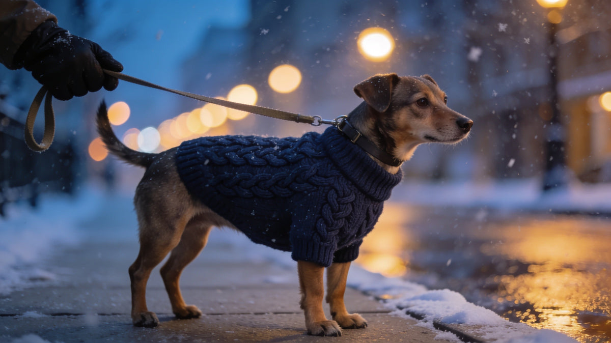 Small short-haired dog in a cable-knit sweater on a snowy sidewalk at dusk