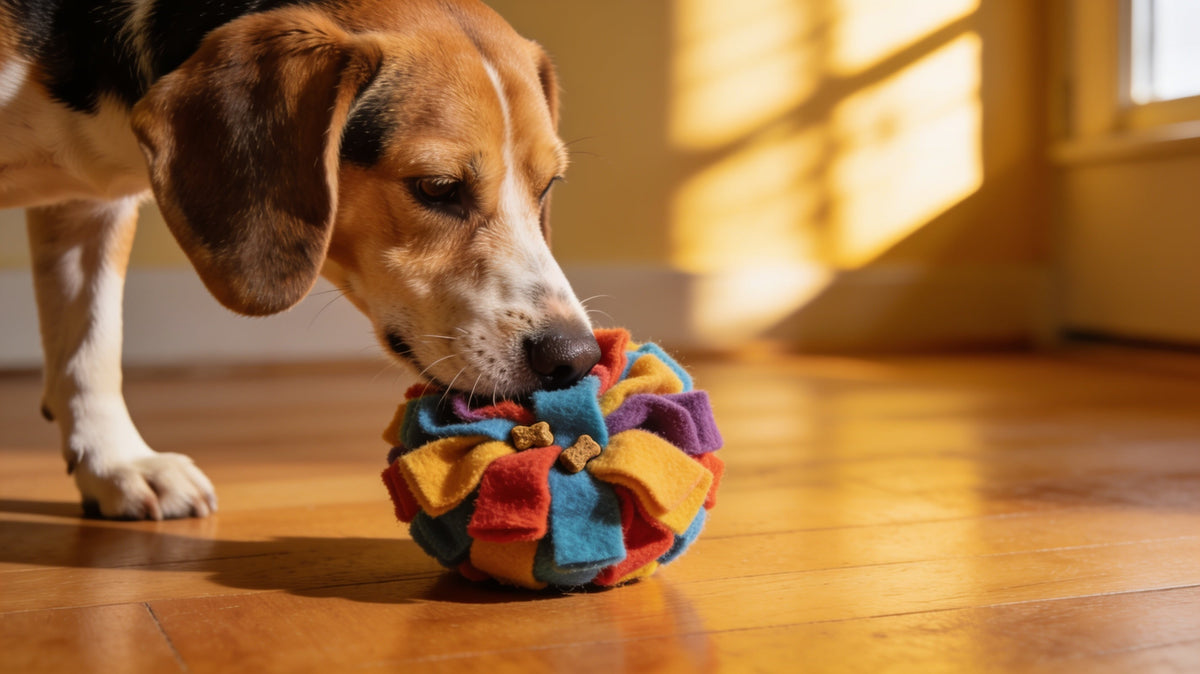 Beagle sniffing for kibble hidden in a fleece snuffle ball on a hardwood floor