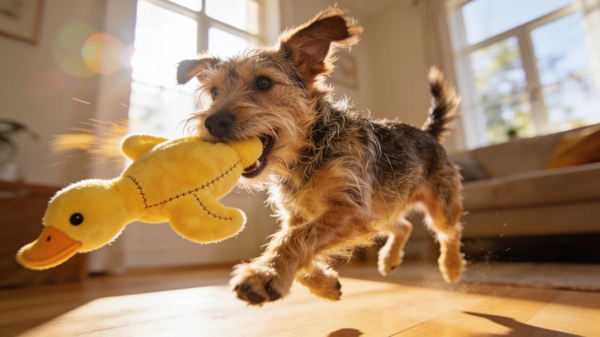 Terrier happily shaking a plush squeaky duck toy in a sunny living room