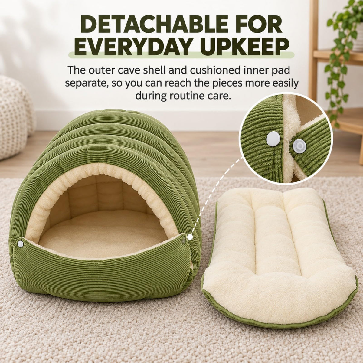 Beige corduroy covered cave bed for small dogs, view 8