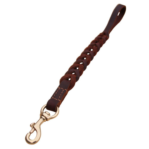 Braided brown leather short dog leash traffic lead, view 2