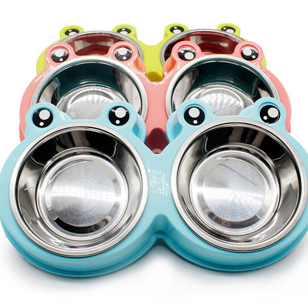 Frog-shaped double pet bowl with stainless steel bowls, view 5