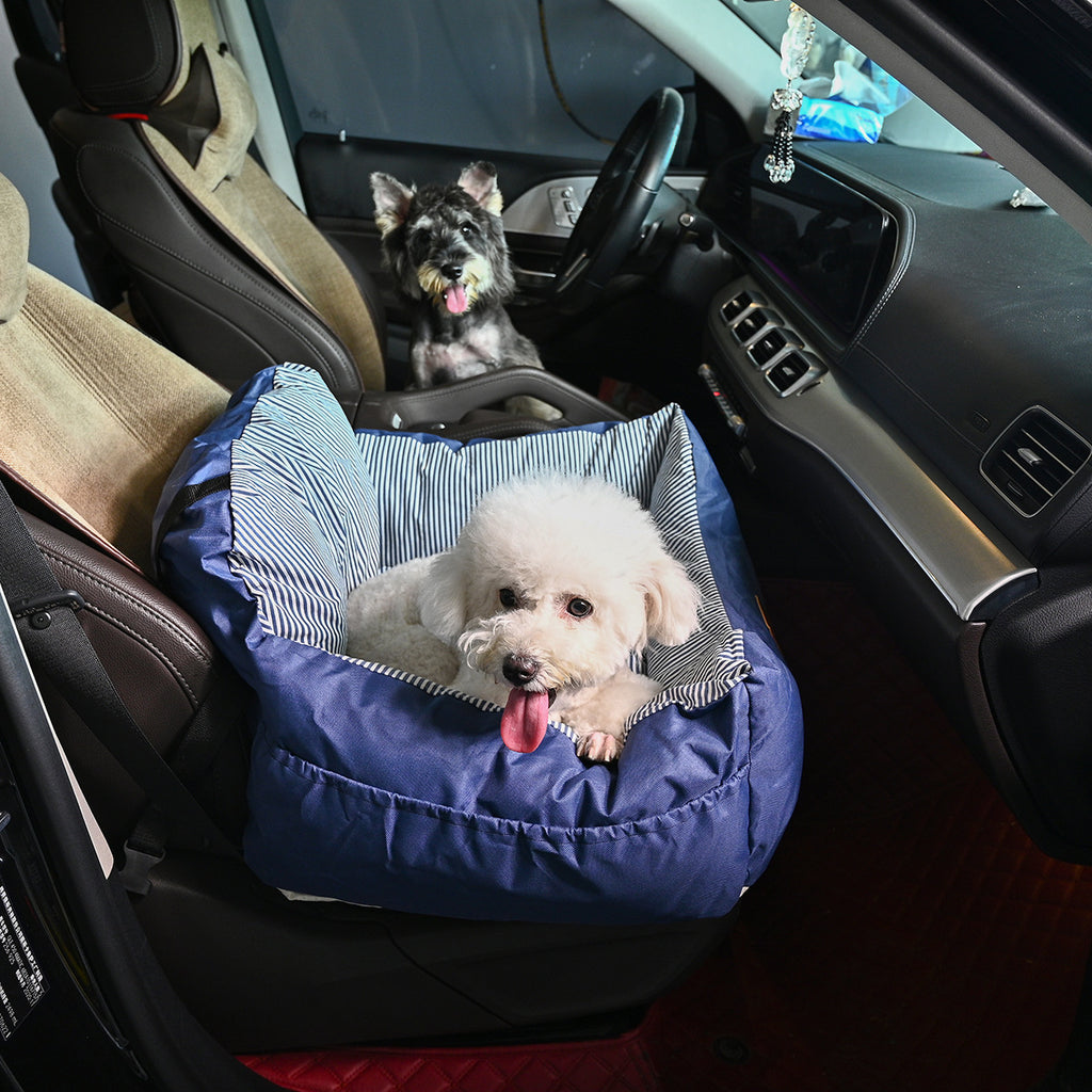 Soft navy dog car seat bed with raised sides, view 2