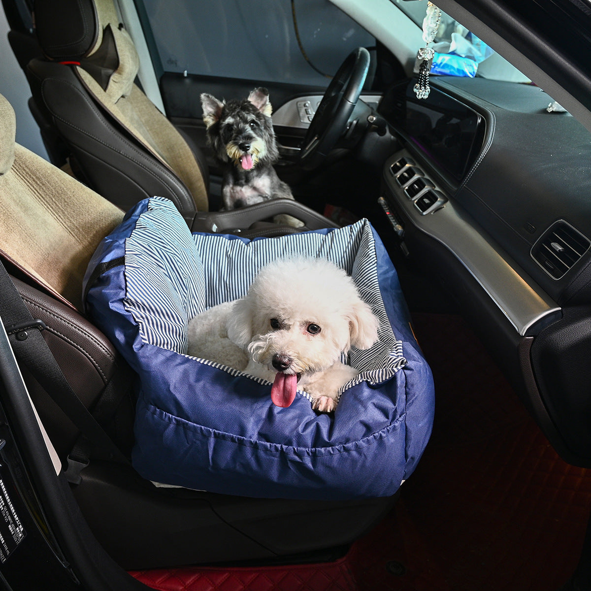 Soft navy dog car seat bed with raised sides, view 2