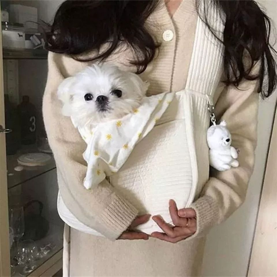 White cotton canvas cat carrier tote bag, view 2