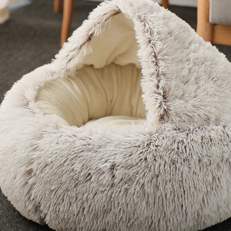 Semi-enclosed plush cave cat bed with hooded back, view 3