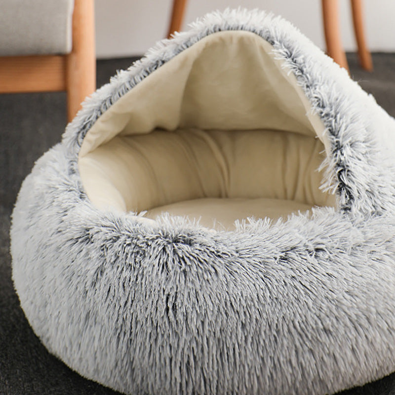 Semi-enclosed plush cave cat bed with hooded back, view 5