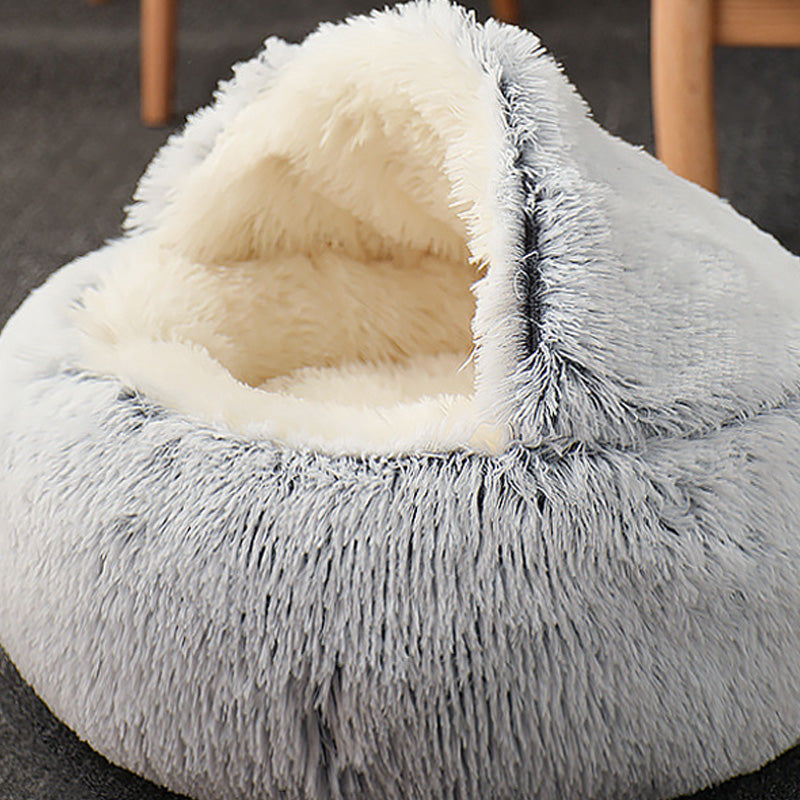 Semi-enclosed plush cave cat bed with hooded back, view 6
