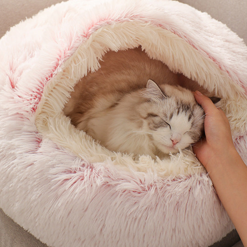 Semi-enclosed plush cave cat bed with hooded back, view 2