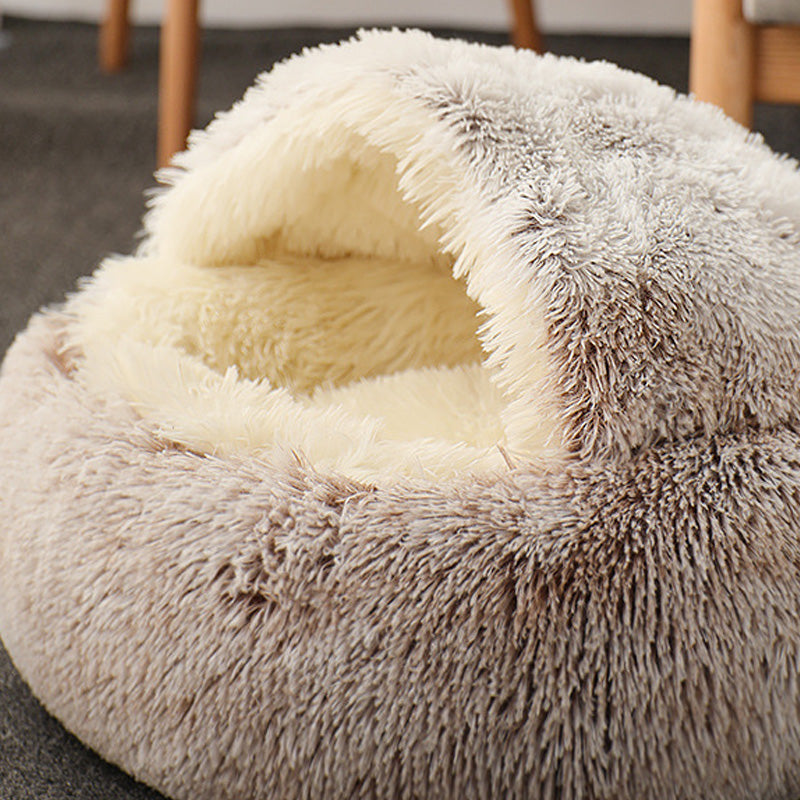 Semi-enclosed plush cave cat bed with hooded back, view 7
