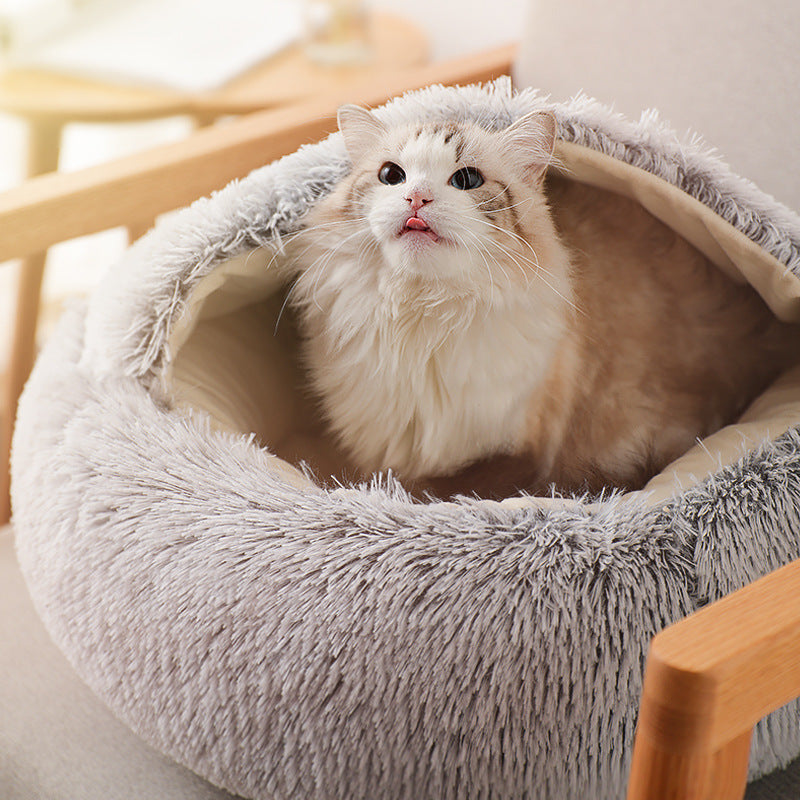 Semi-enclosed plush cave cat bed with hooded back, view 4