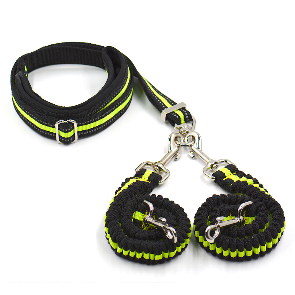 Double dog leash coupler with bungee ends, view 3