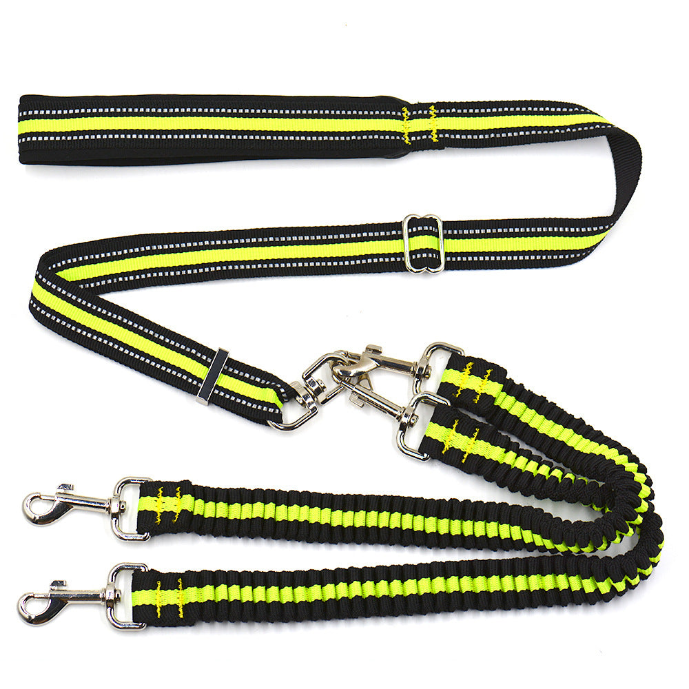 Double dog leash coupler with bungee ends, view 2