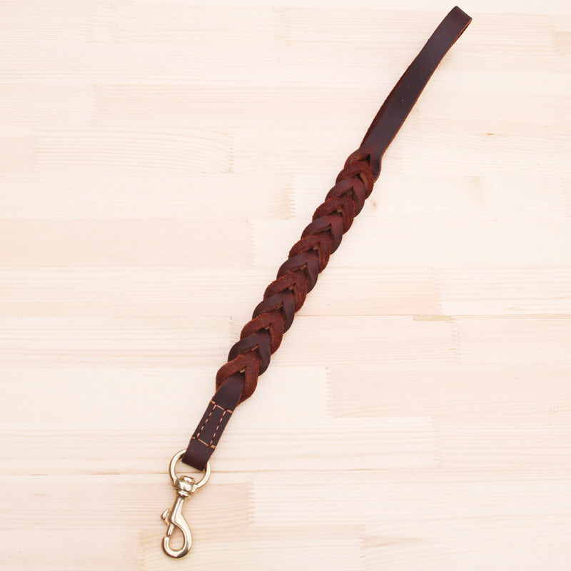 Braided brown leather short dog leash traffic lead, view 6