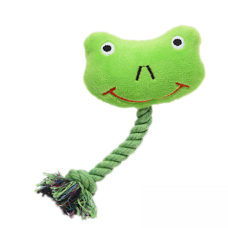 Squeaky plush pink bunny and green frog puppy toys, view 4