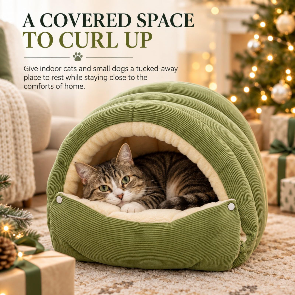 Beige corduroy covered cave bed for small dogs, view 5