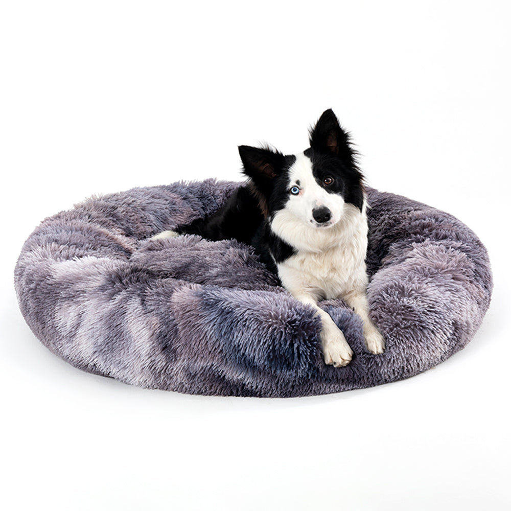 Fluffy long plush calming donut dog bed, view 2