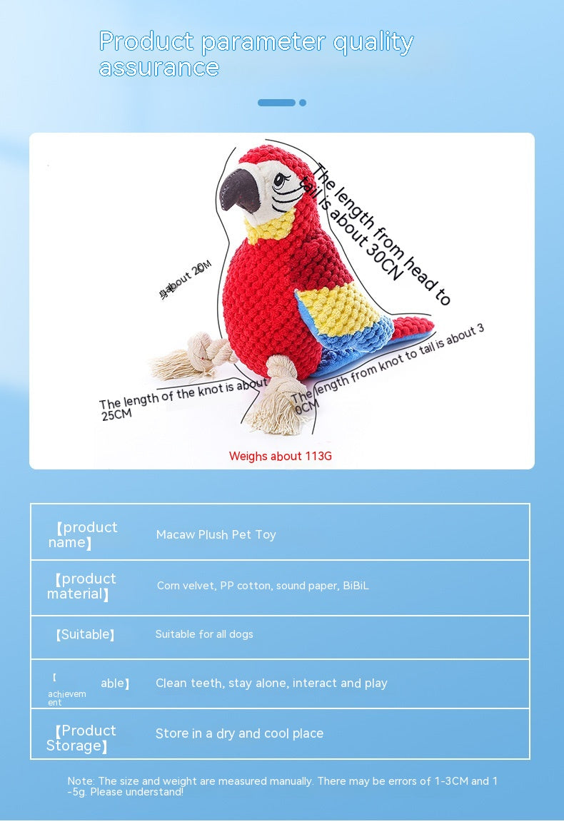 Squeaky plush parrot dog toy with rope knots, view 8