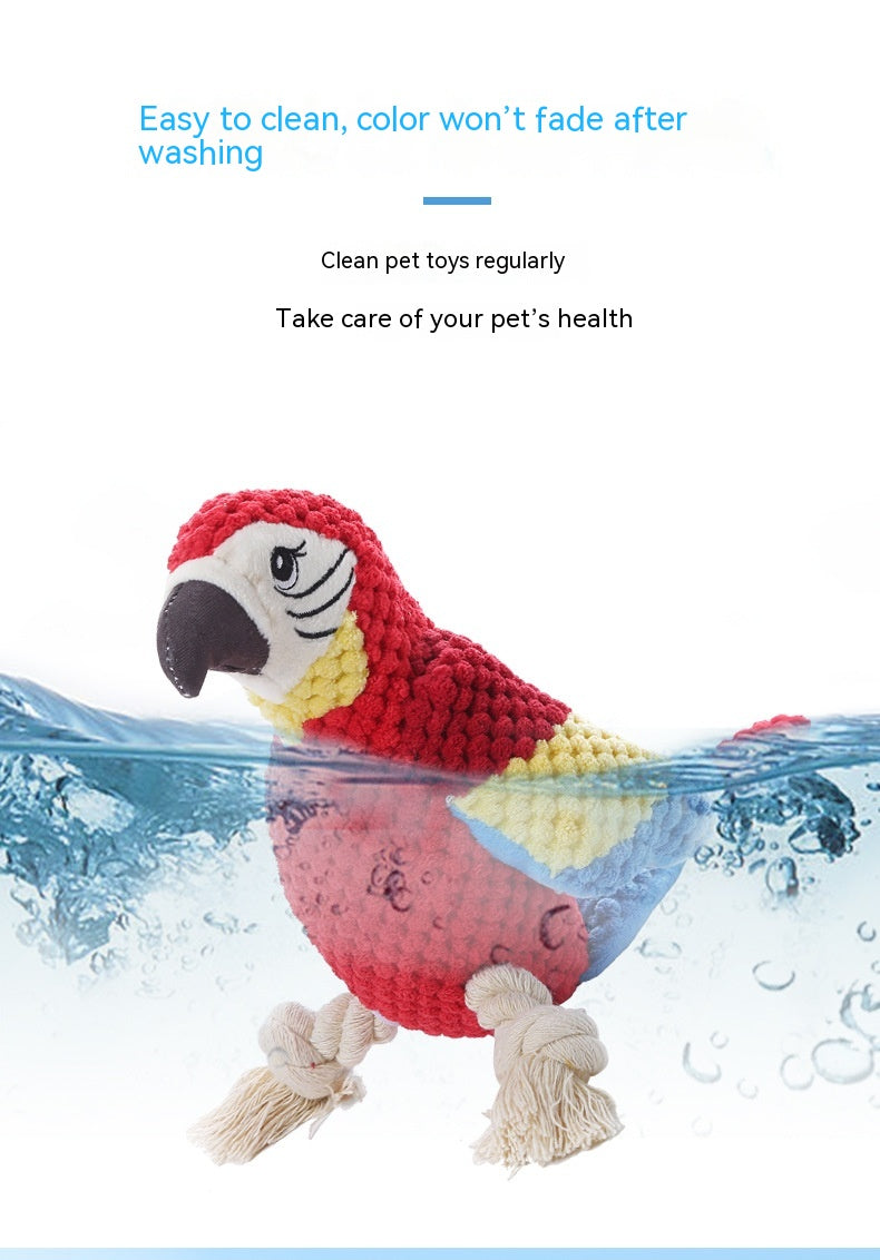 Squeaky plush parrot dog toy with rope knots, view 6