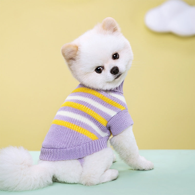 Blue striped knit turtleneck dog sweater, view 4