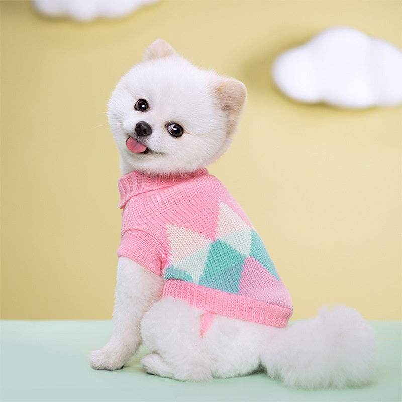 Blue striped knit turtleneck dog sweater, view 3