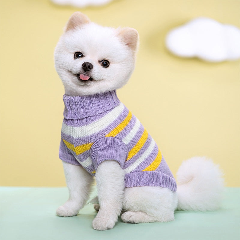 Blue striped knit turtleneck dog sweater, view 5