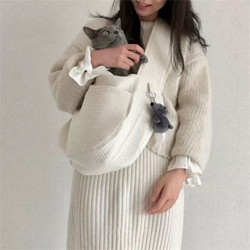 White cotton canvas cat carrier tote bag, view 5