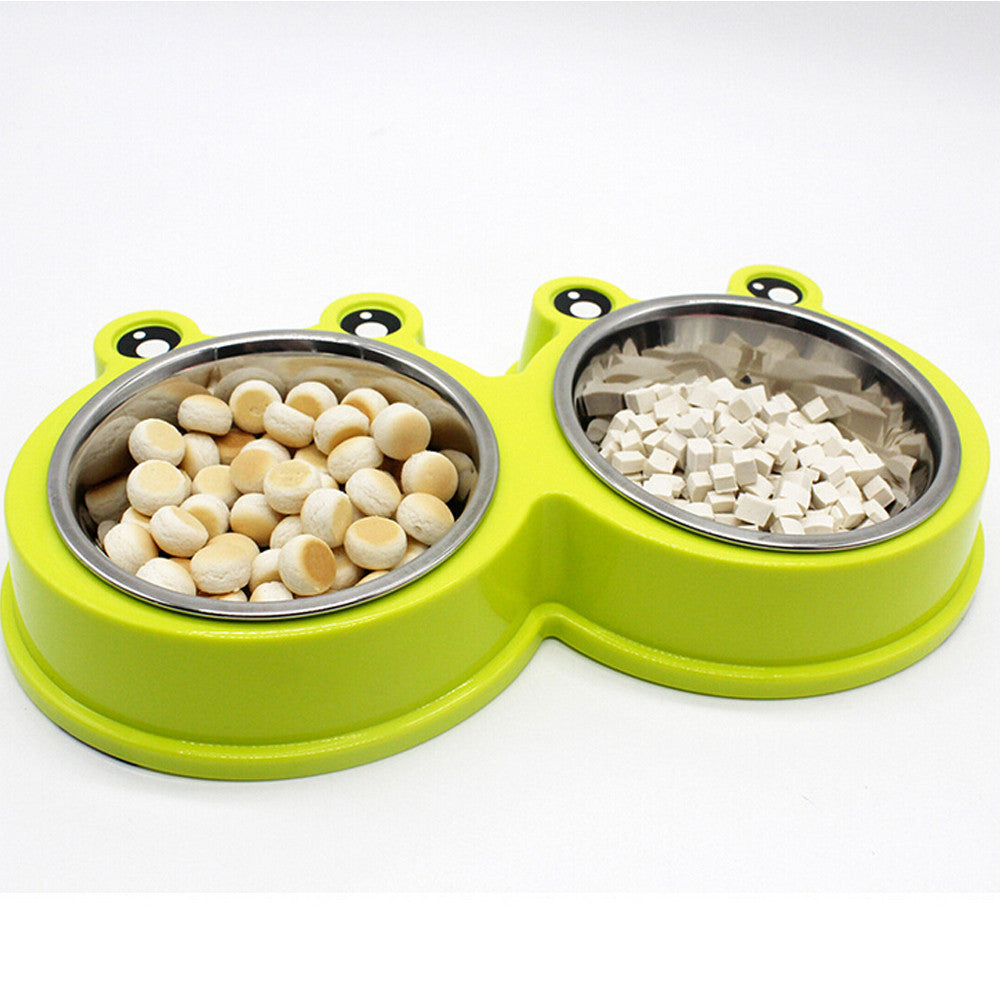 Frog-shaped double pet bowl with stainless steel bowls, view 3