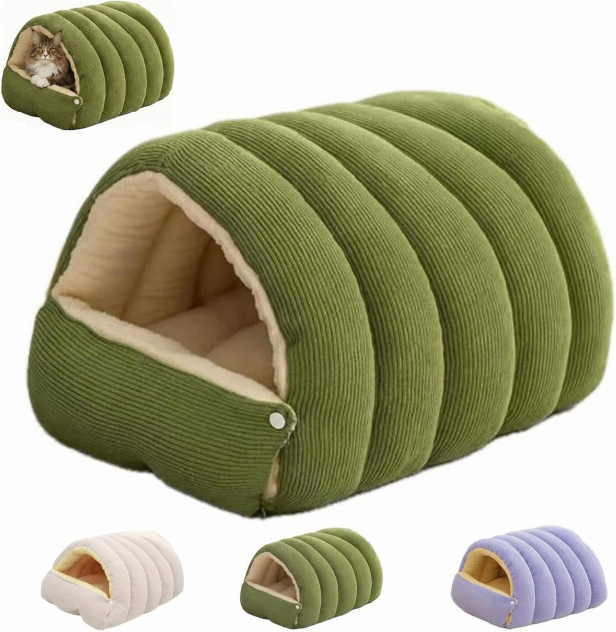 Beige corduroy covered cave bed for small dogs, view 2