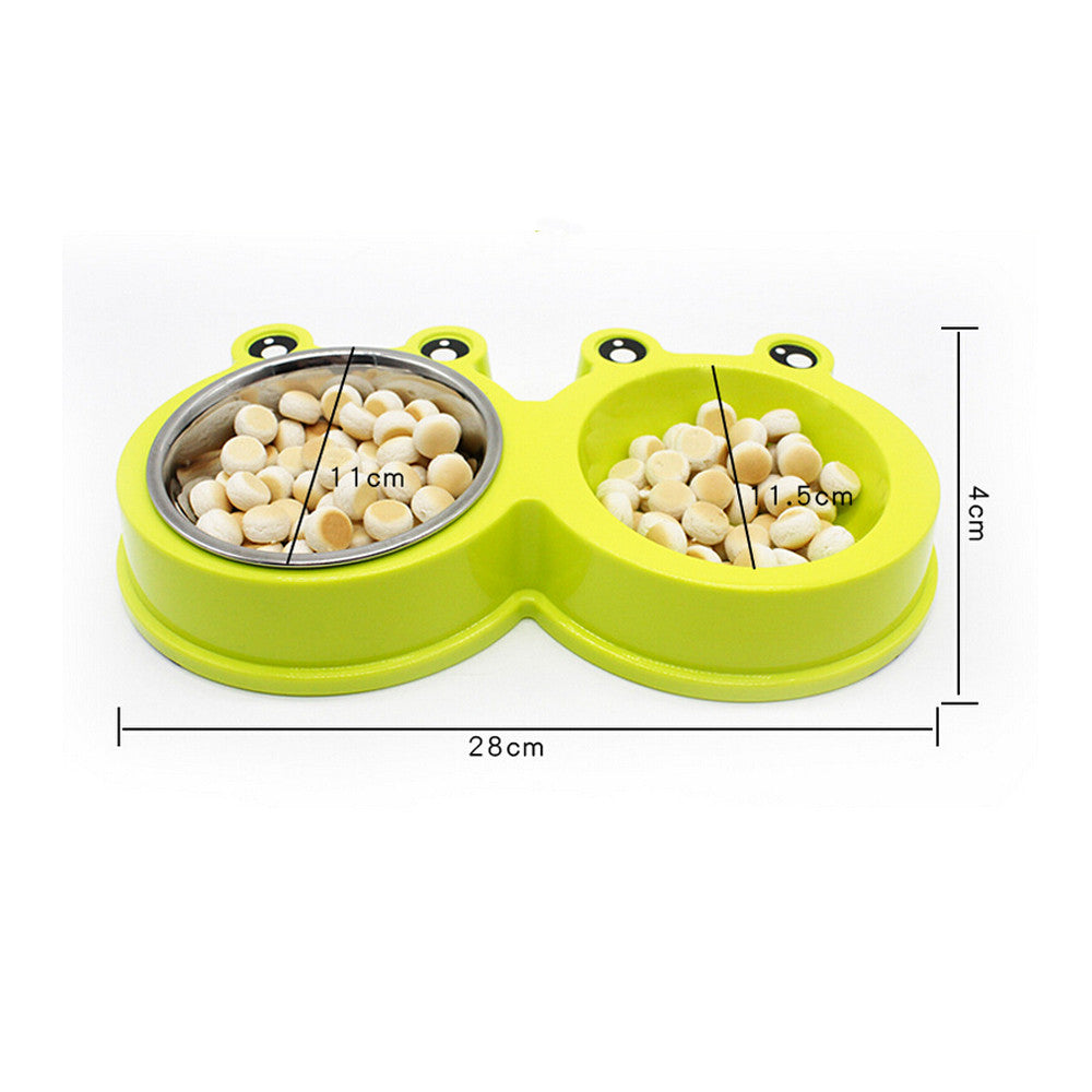 Frog-shaped double pet bowl with stainless steel bowls, view 4