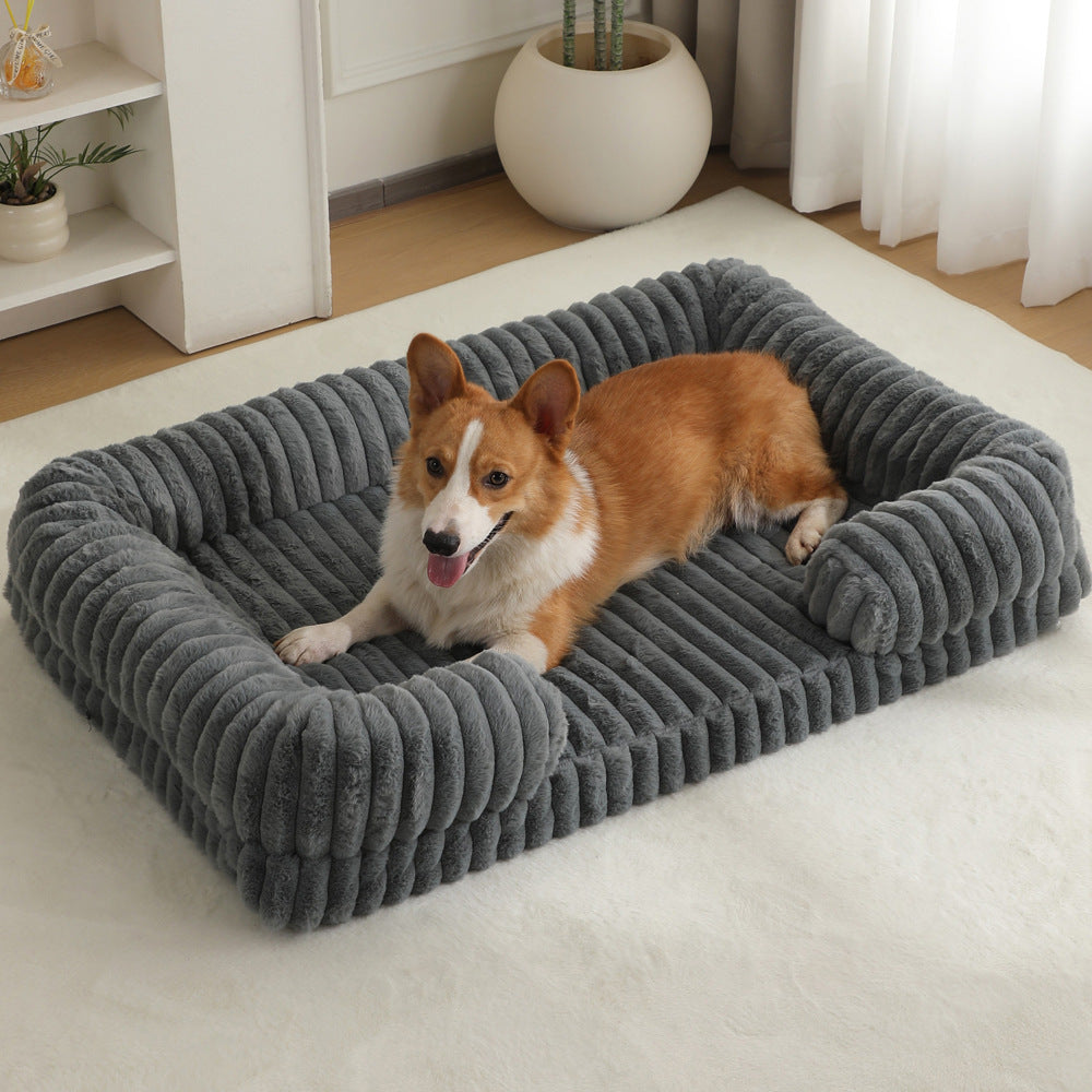 Striped plush bolster calming dog bed, view 9