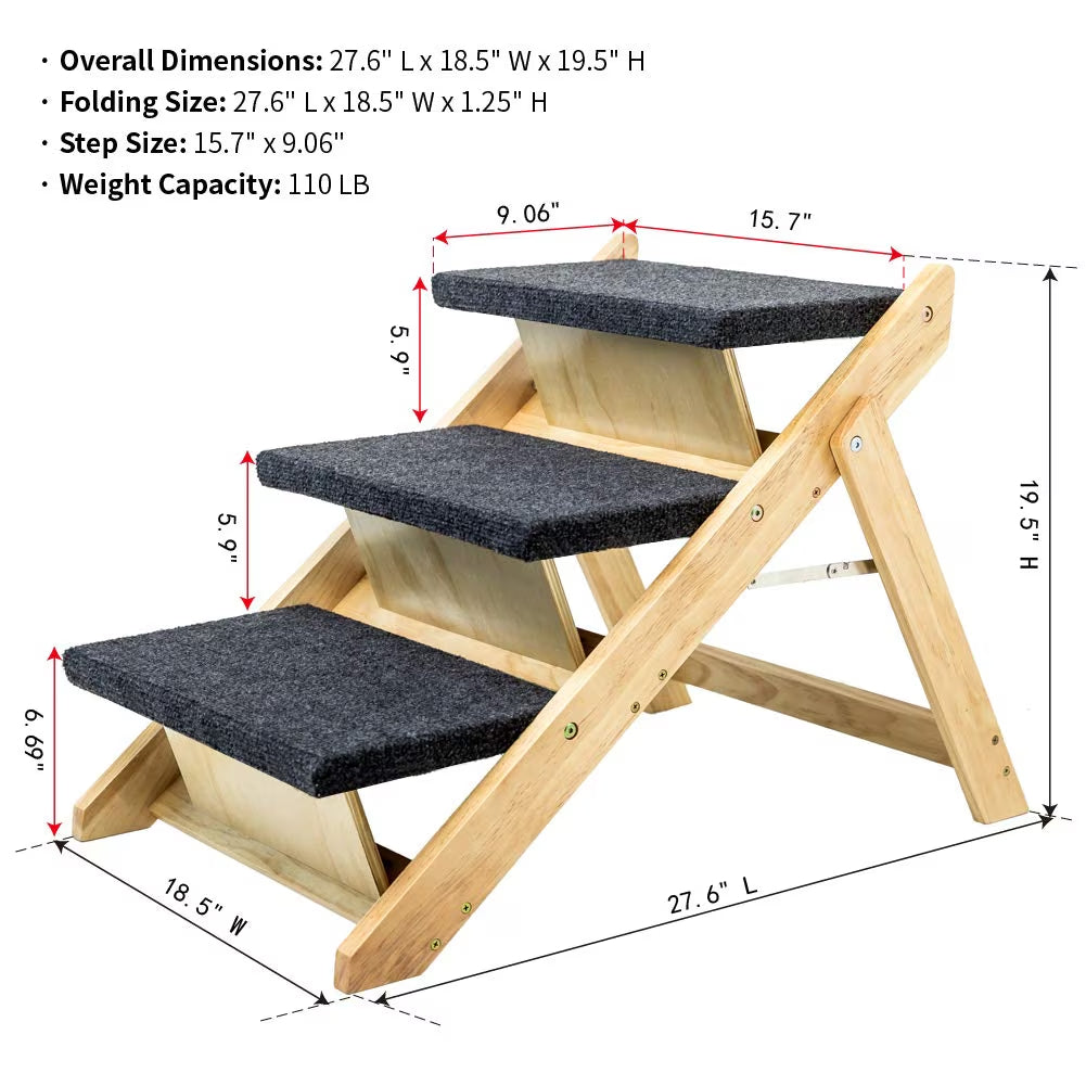 Foldable wooden dog stairs and ramp with three steps, view 3